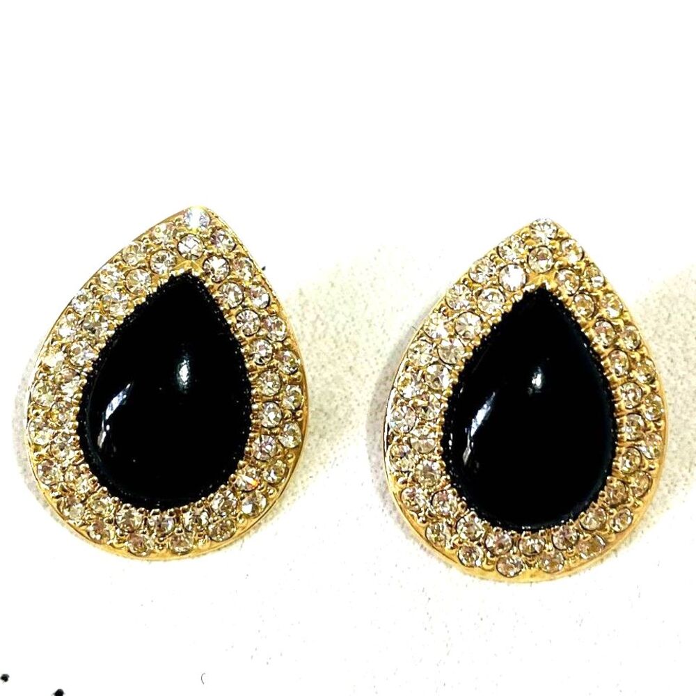 VTG Signed Roman Black Stone Clear Crystal Rhinestone Teardrop Earrings Gold T.